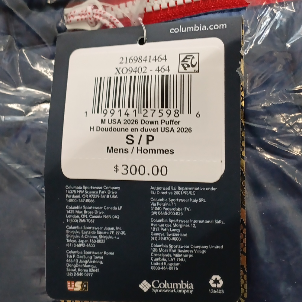 Columbia Mens USA 2026 Down Navy Puffer Jacket Size S
